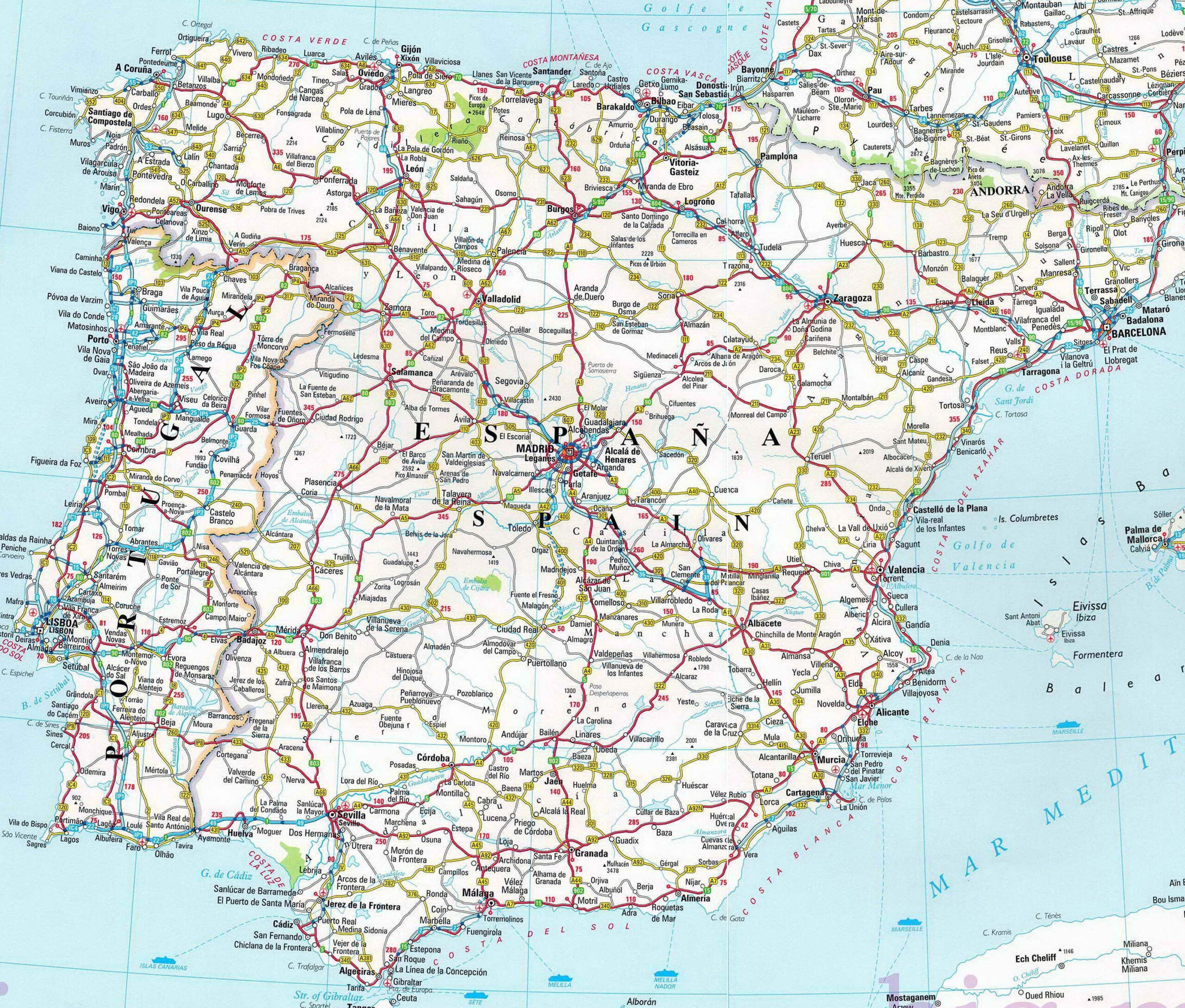 Large Detailed Road Map Of Spain And Portugal Travelinter Map Of 