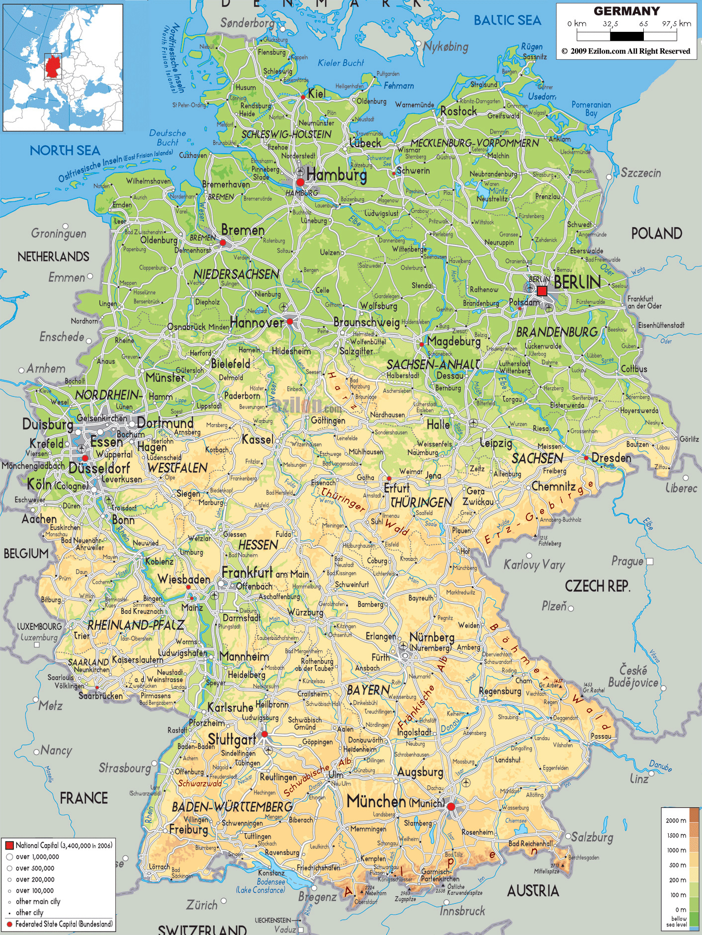 Large Physical Map Of Germany With Roads Cities And Airports Germany 