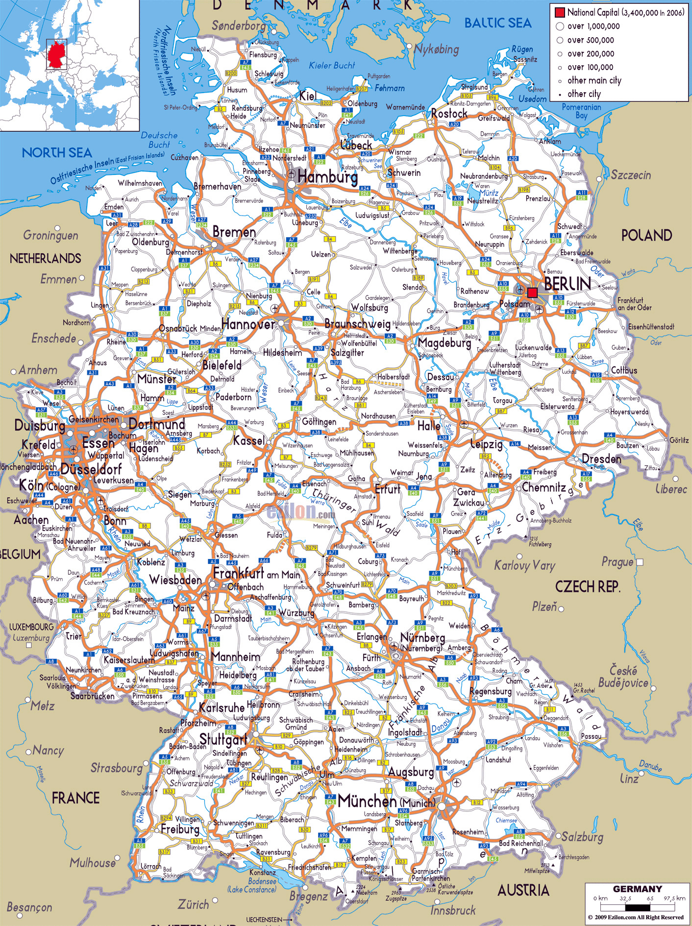 Large Road Map Of Germany With Cities And Airports Germany Europe 