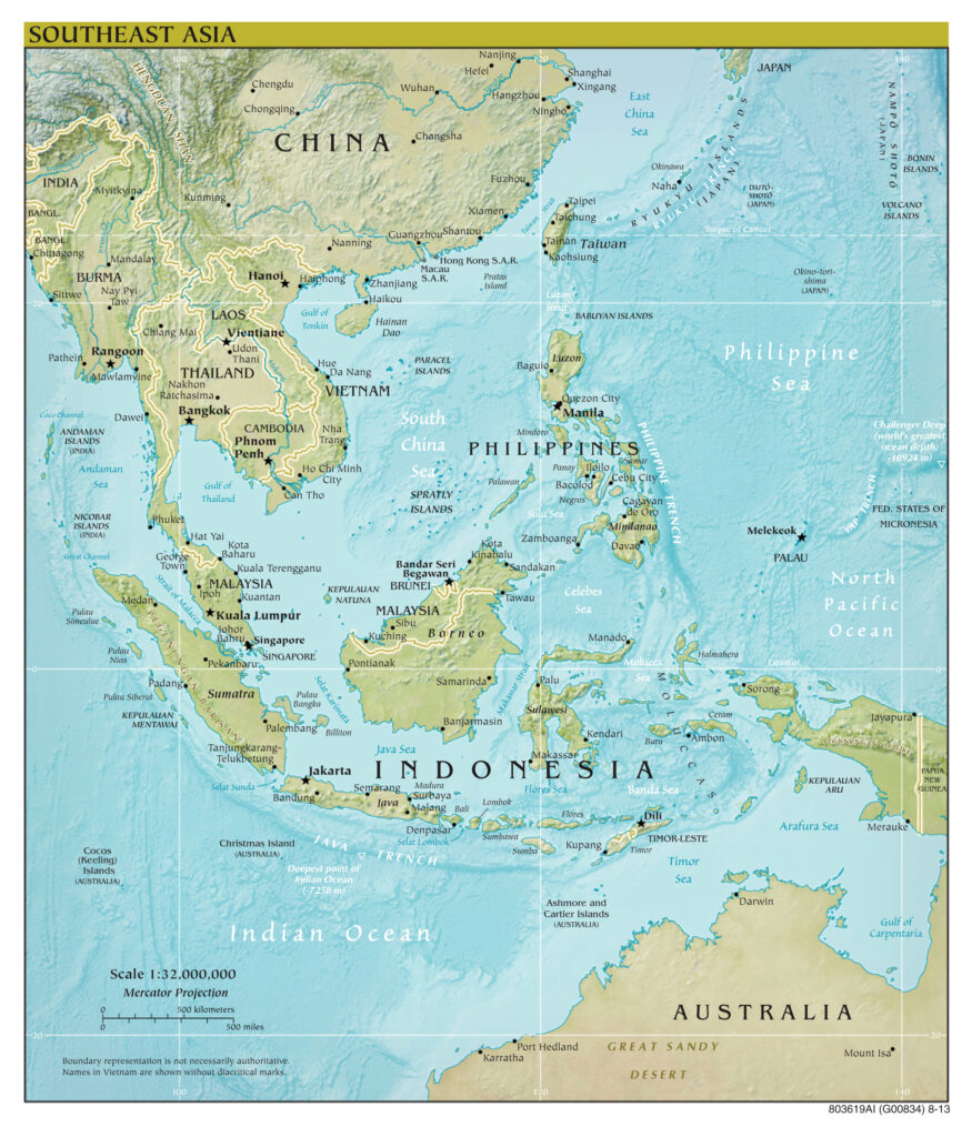 Large Scale Political Map Of Southeast Asia With Relief Capitals And