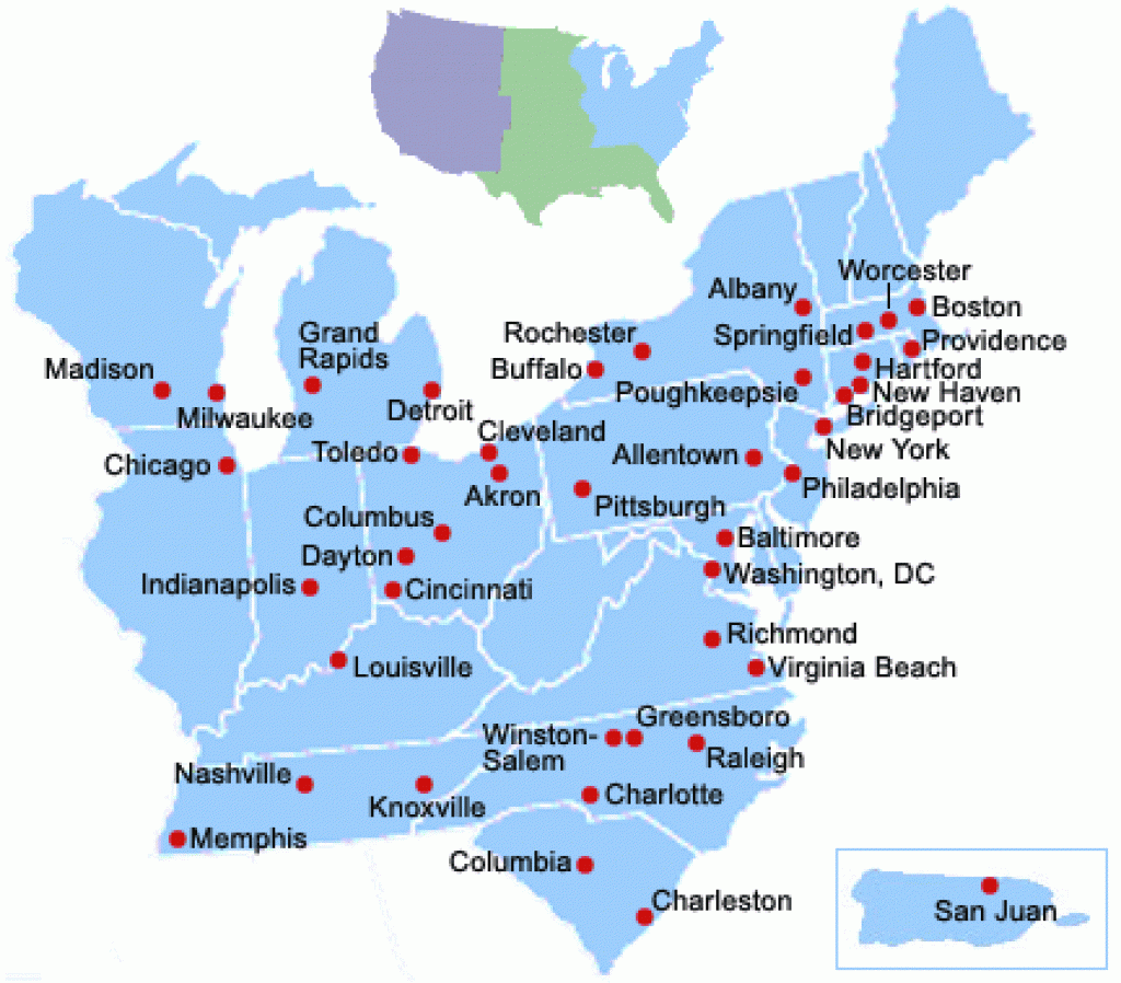 Map Of Eastern United States With Cities Printable Map