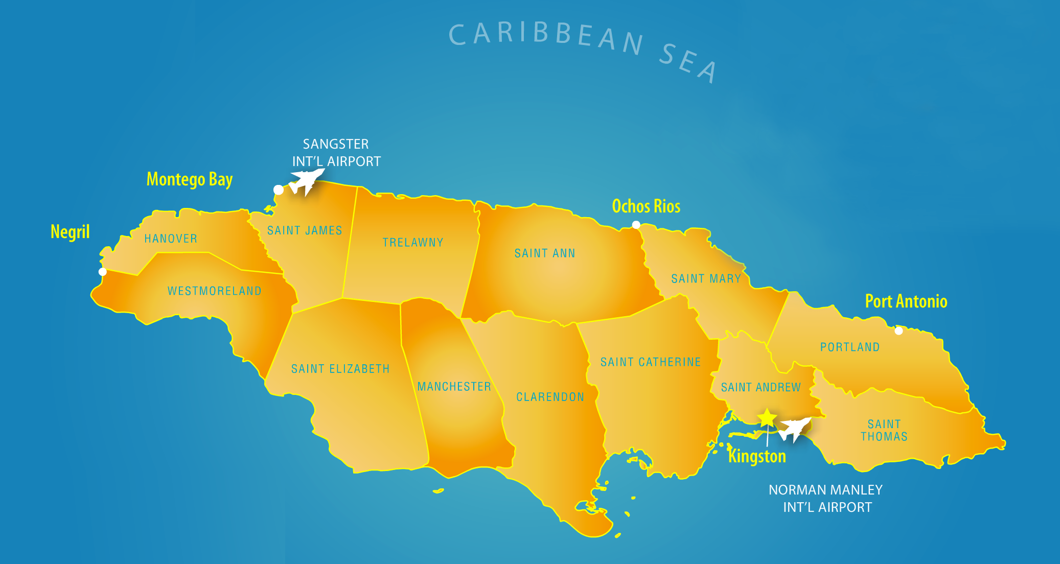 Map Of Jamaica Parishes And Capitals And Resort Areas 