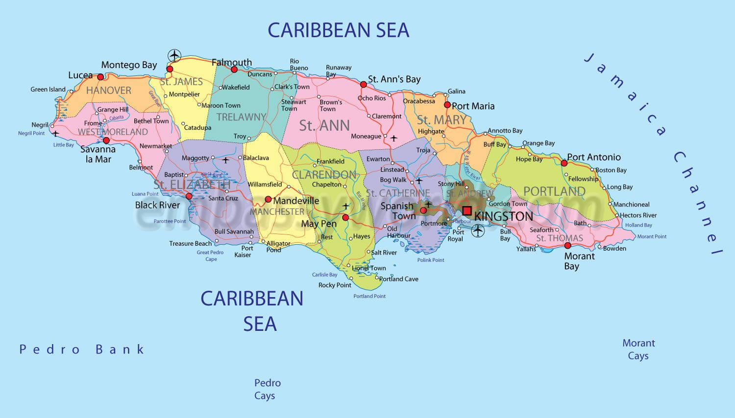 Map Of Jamaica Showing Towns Within Parishes Jamaica Map Jamaica Map 1 