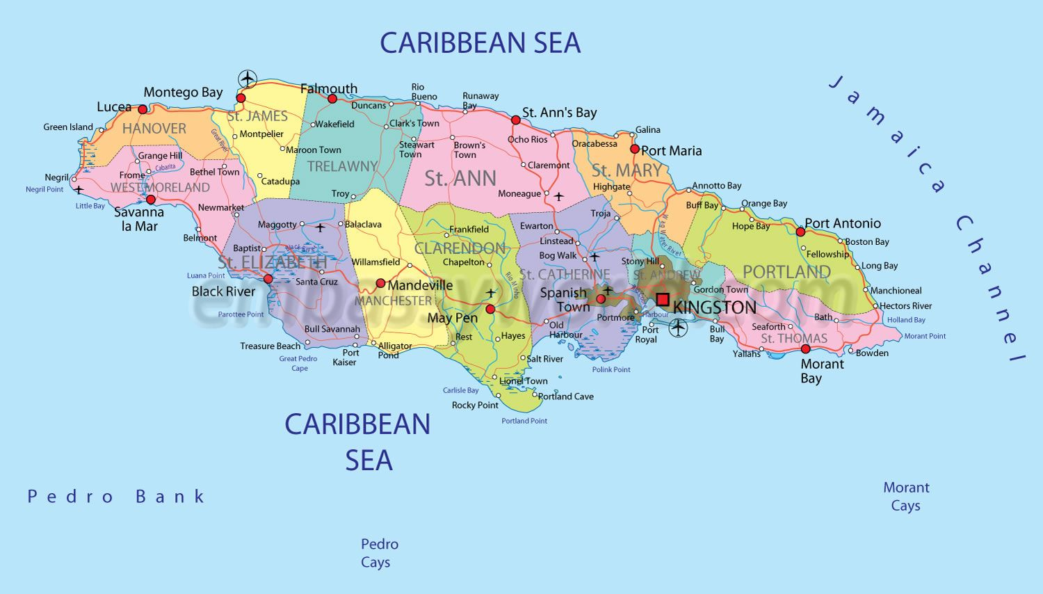 Map Of Jamaica Showing Towns Within Parishes Jamaica Map Jamaica Map