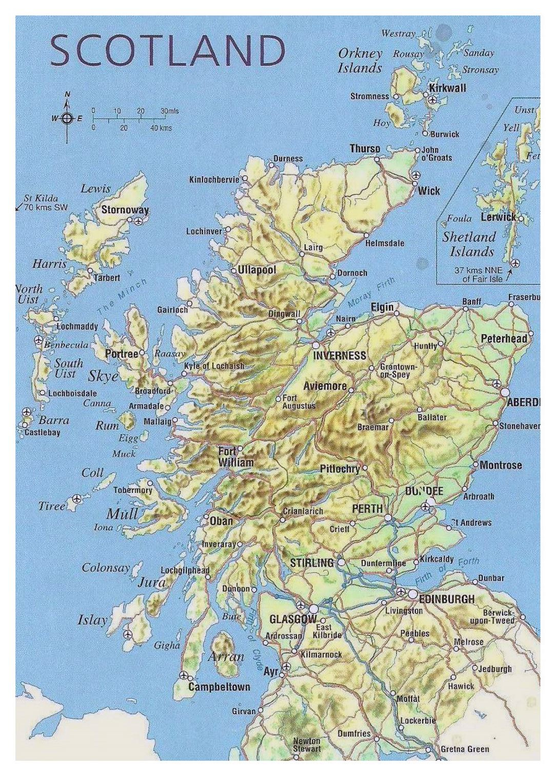 Map Of Scotland With Relief Roads Major Cities And Airports 