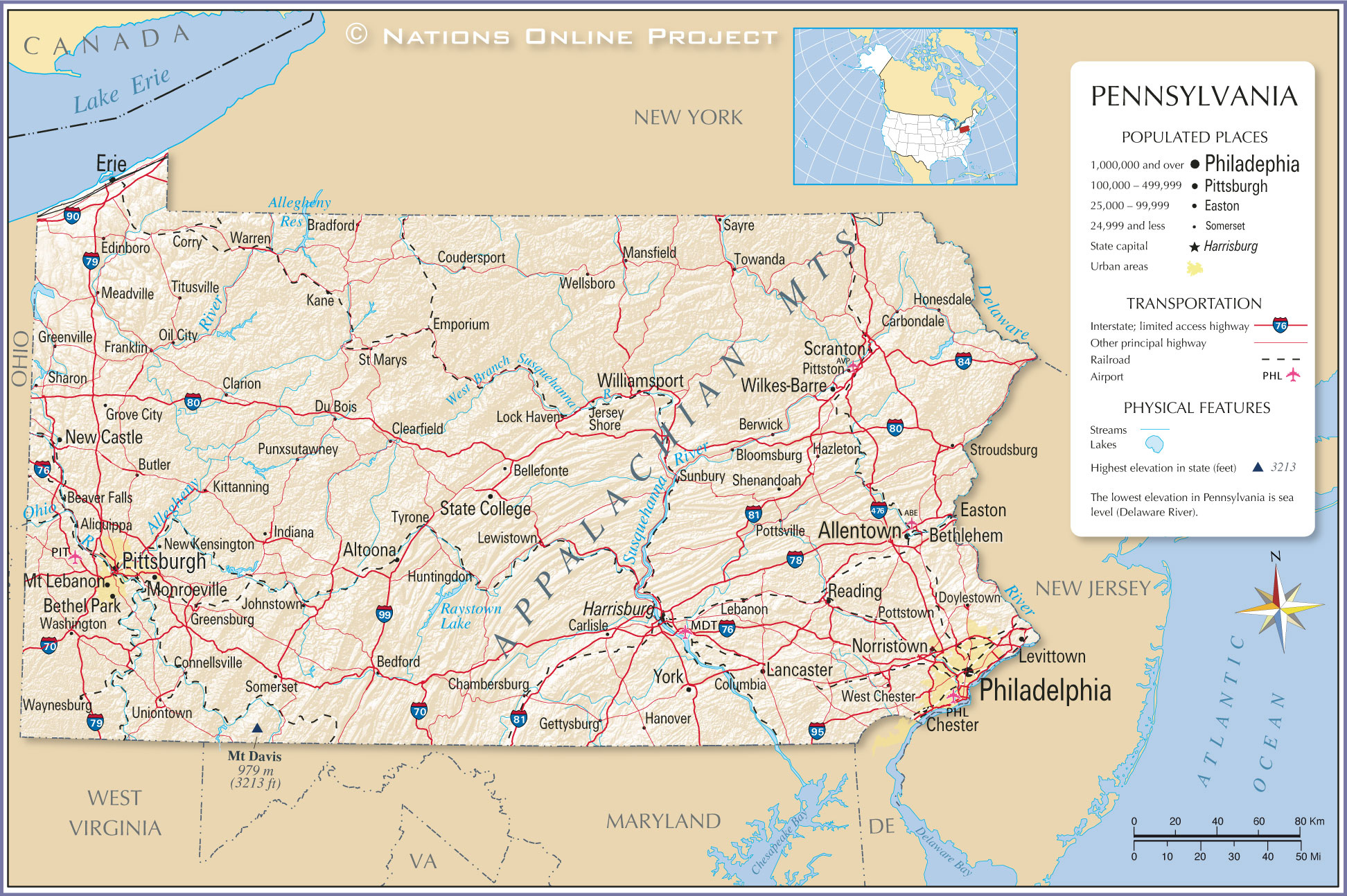 Map Of The State Of Pennsylvania USA Nations Online Project