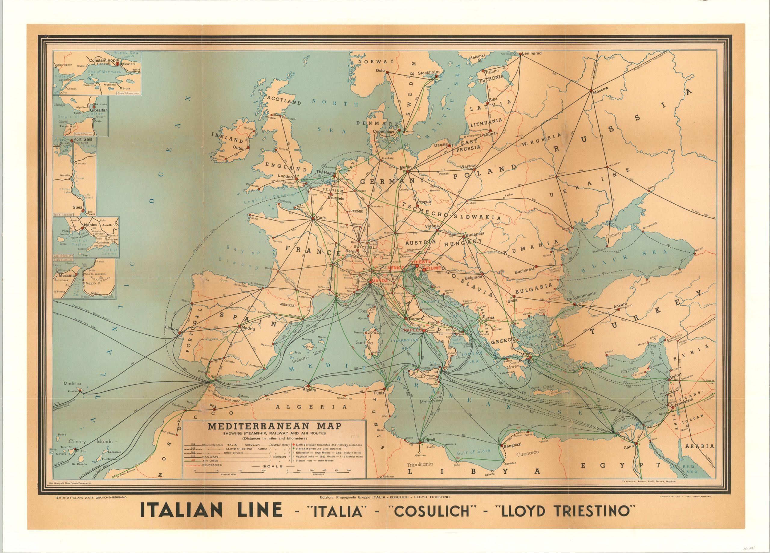 Mediterranean Map Showing Steampship Railway And Air Routes Curtis 
