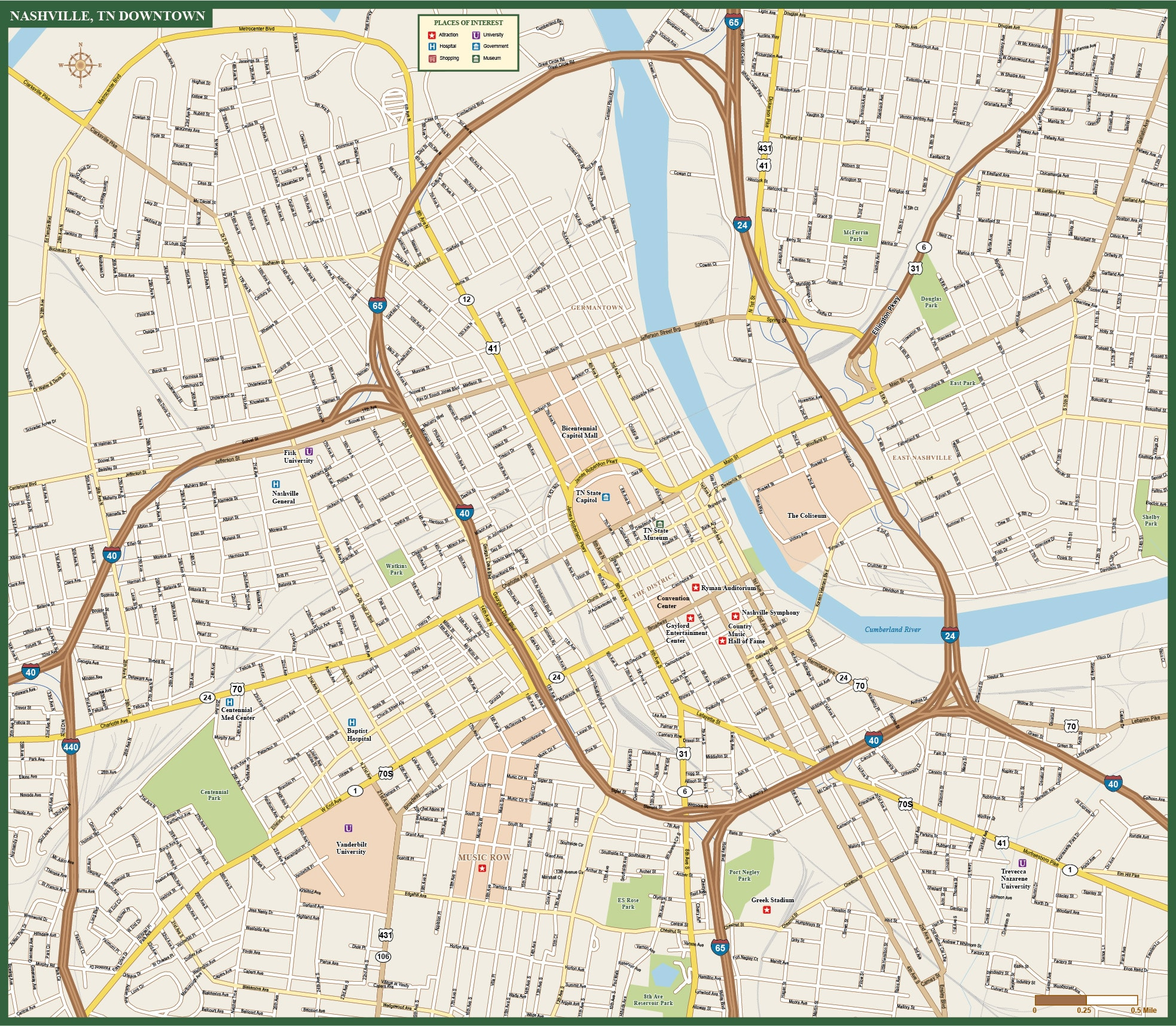 Nashville Downtown Map Digital Vector Creative Force