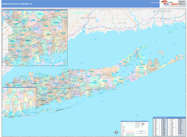 Nassau Suffolk County NY Wall Map Color Cast Style By MarketMAPS