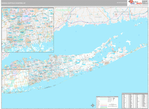 Nassau Suffolk County NY Wall Map Premium Style By MarketMAPS