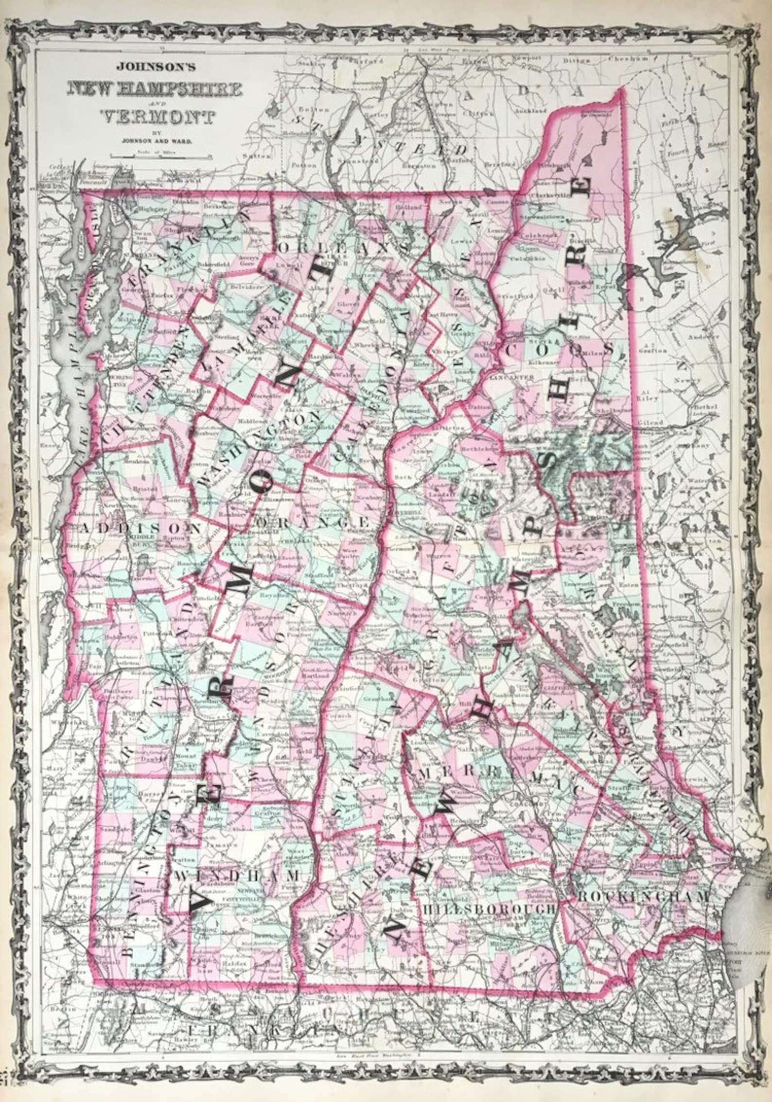 New Hampshire And Vermont Map Original 1863 Johnsons Atlas Etsy