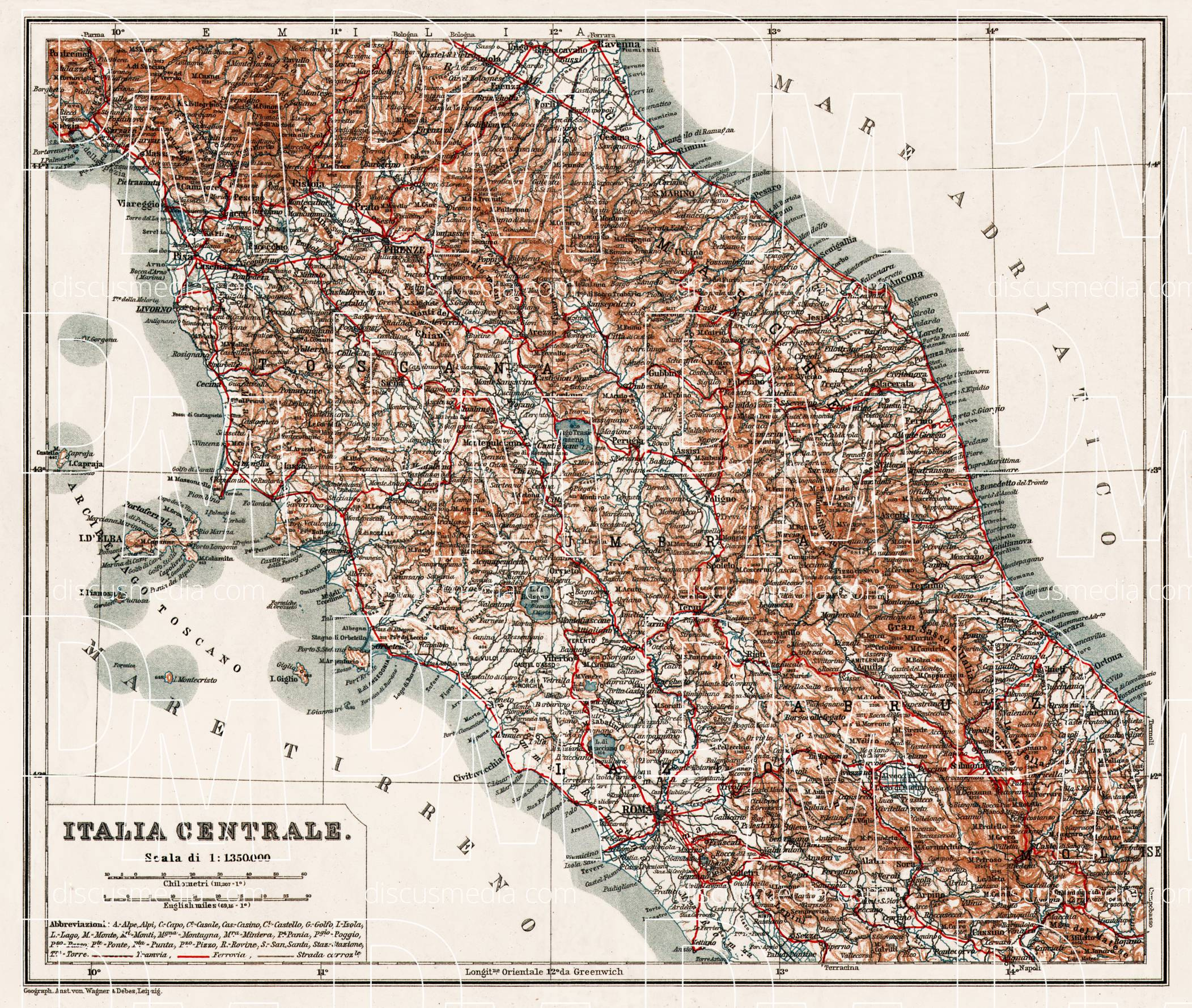 Old Map Of Central Italy In 1909 Buy Vintage Map Replica Poster Print 