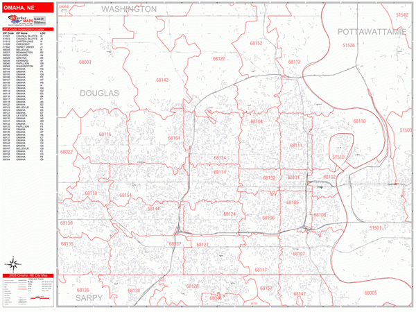 Omaha Nebraska Zip Code Wall Map Red Line Style By MarketMAPS