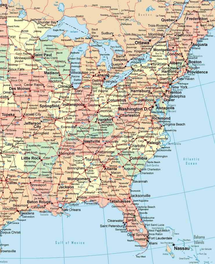 Online Map Of Eastern Usa Political Detail