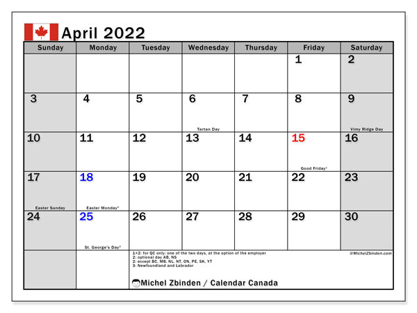 Printable April 2022 Canada Calendar Michel Zbinden EN