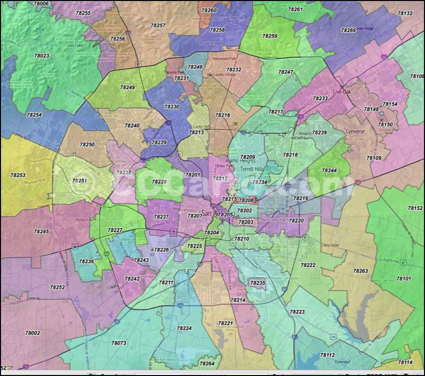 San Antonio Zip Codes Bexar County Zip Code Boundary Map