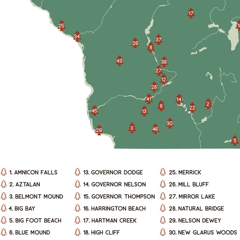 Wisconsin State Parks Illustration Map 12x18 Poster Print Etsy