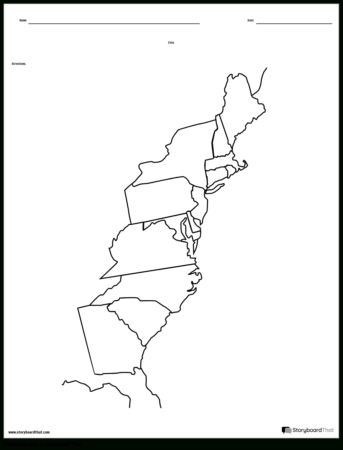 13 Colonies Map Black And White Blank Storyboard in Blank Map of 13 Colonies Printable