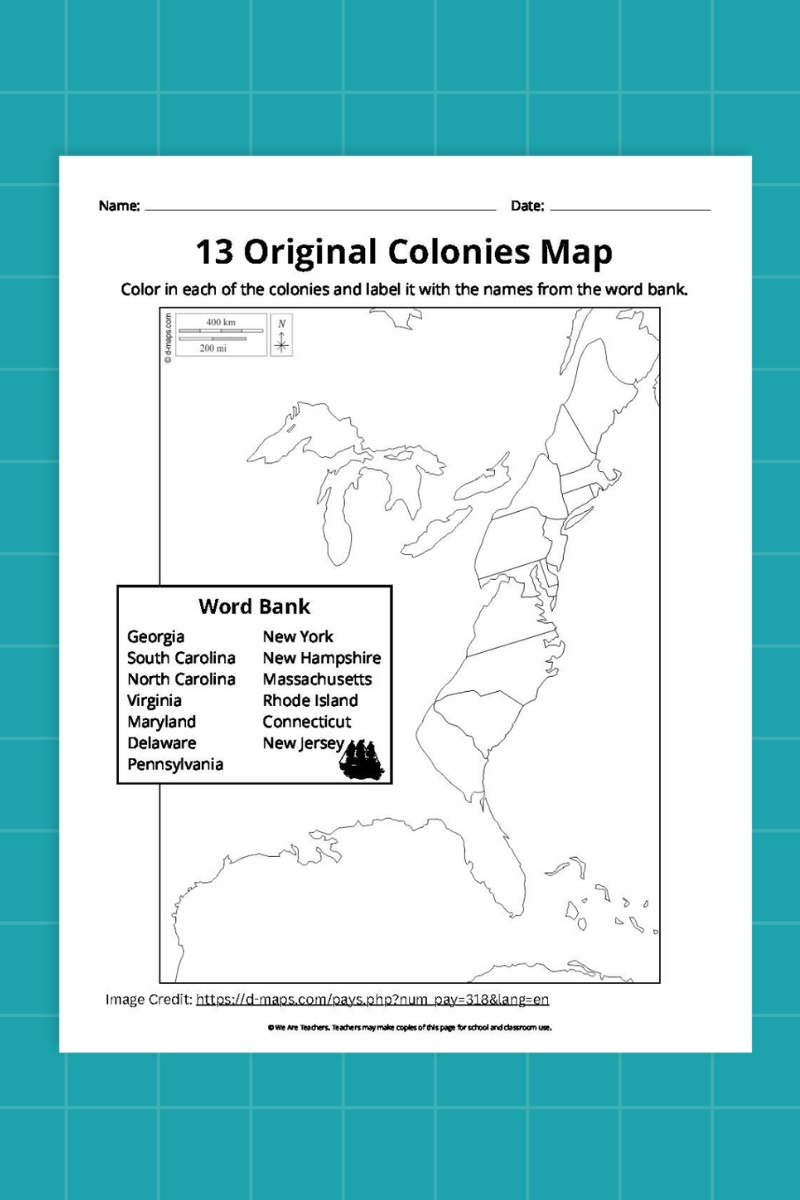 13 Original Colonies Map Bundle (Free Printable Worksheets) for Free Printable Blank 13 Colonies Map