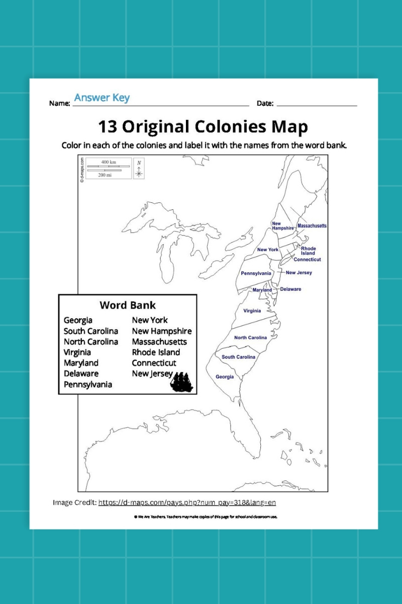 13 Original Colonies Map Bundle (Free Printable Worksheets) inside Free Printable Map Of 13 Original Colonies