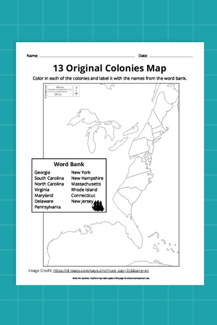 Free Printable Map of the 13 Colonies