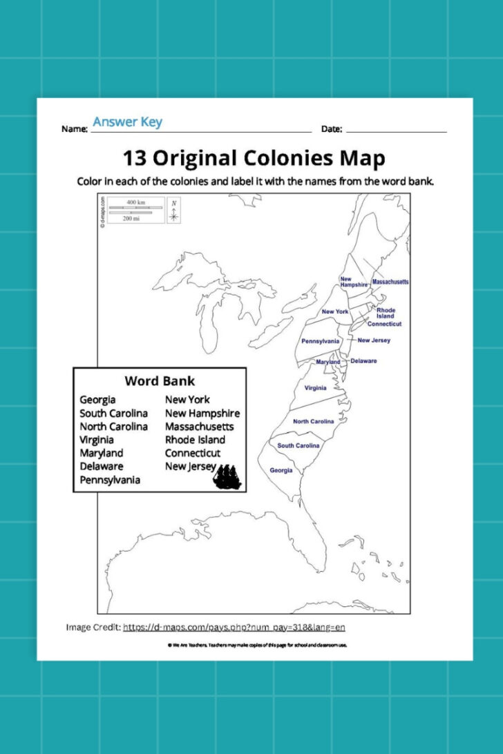 Printable Map of the Thirteen Original Colonies
