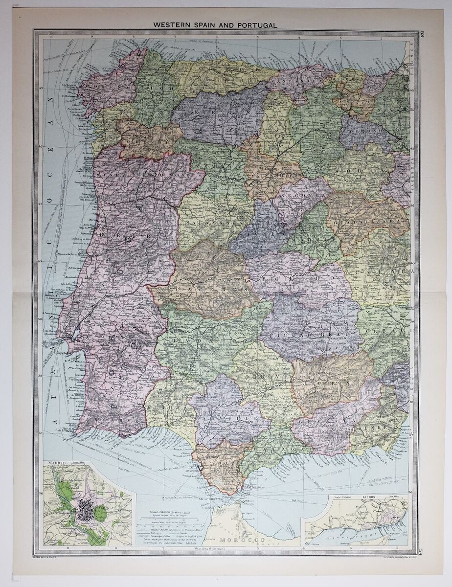 1920 Large Map Western Spain &amp;amp; Portugal Madrid Plan Lisbon Malaga Salamanca within Map of Western Spain and Portugal