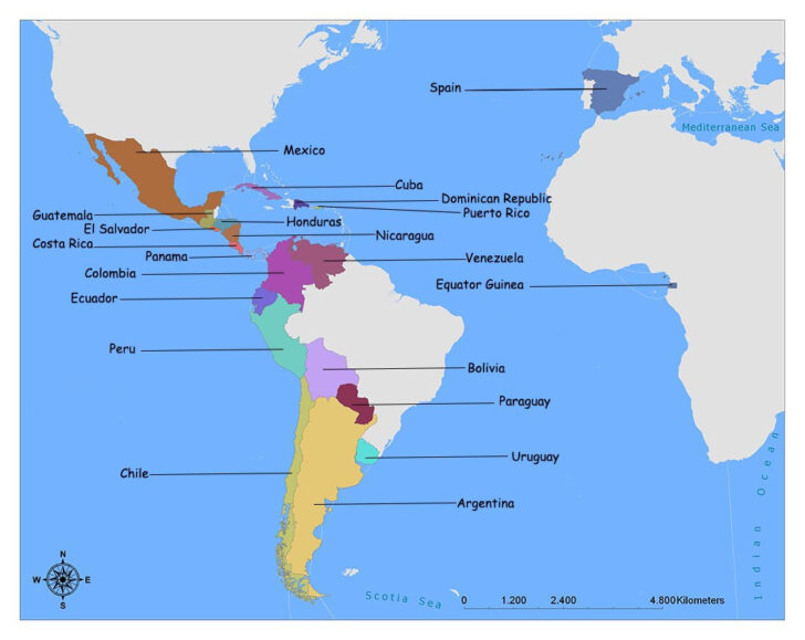 North and South America Map In Spanish