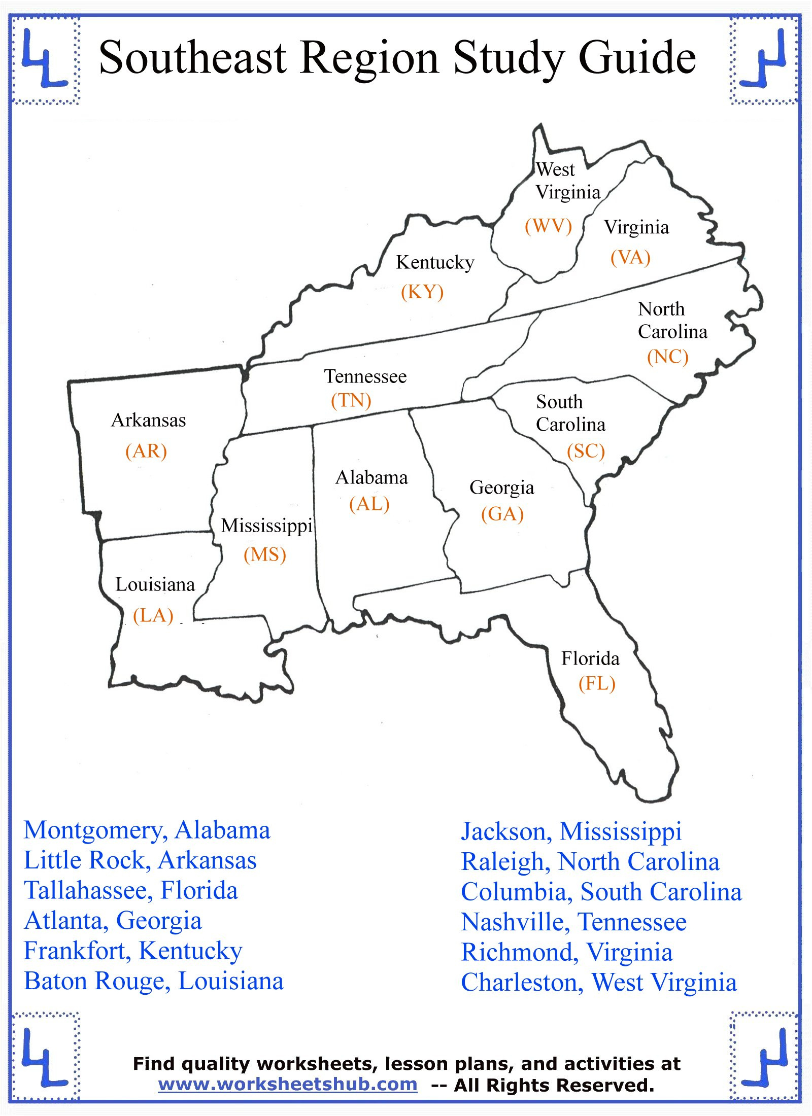 4Th Grade Social Studies - Southeast Region States within Free Printable Southeast Region States And Capitals Map Printable
