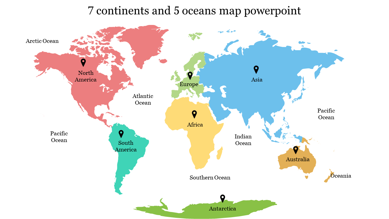7 Continents And 5 Oceans Map Ppt Template And Google Slides with 7 Continents and 5 Oceans Map Printable