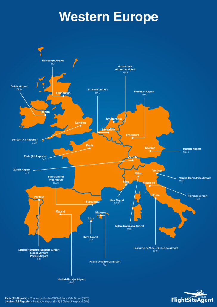 Map of Western Europe with Main Airports Map of Western Europe with Main Airports