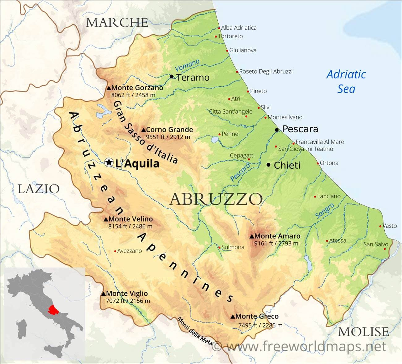 Abruzzo Physical Map pertaining to Map Of Italy Abruzzo Region