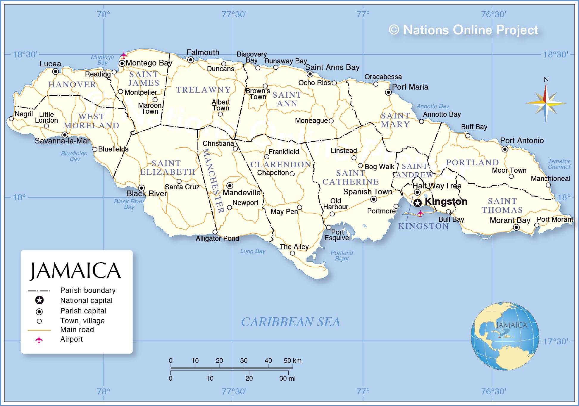 Administrative Map Of Jamaica - Nations Online Project in Downloadable Map Of Jamaica With Parishes