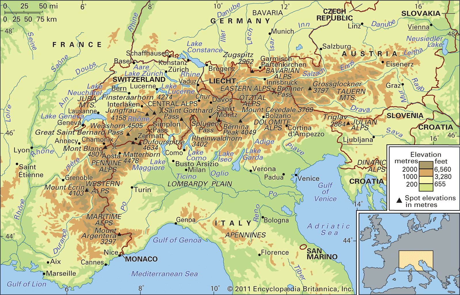 Alps | Map, Mountaineering, &amp;amp; Facts | Britannica in Map of Alps In Italy