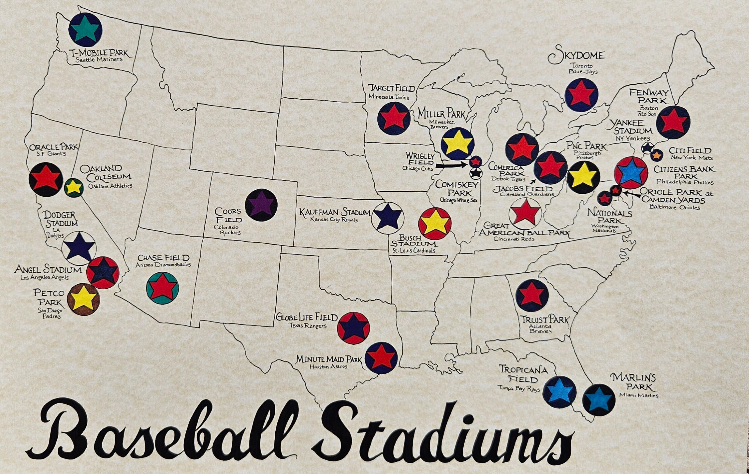 Baseball Stadiums Map U.s. - Etsy with regard to Free Printable Map Of Mlb Stadiums