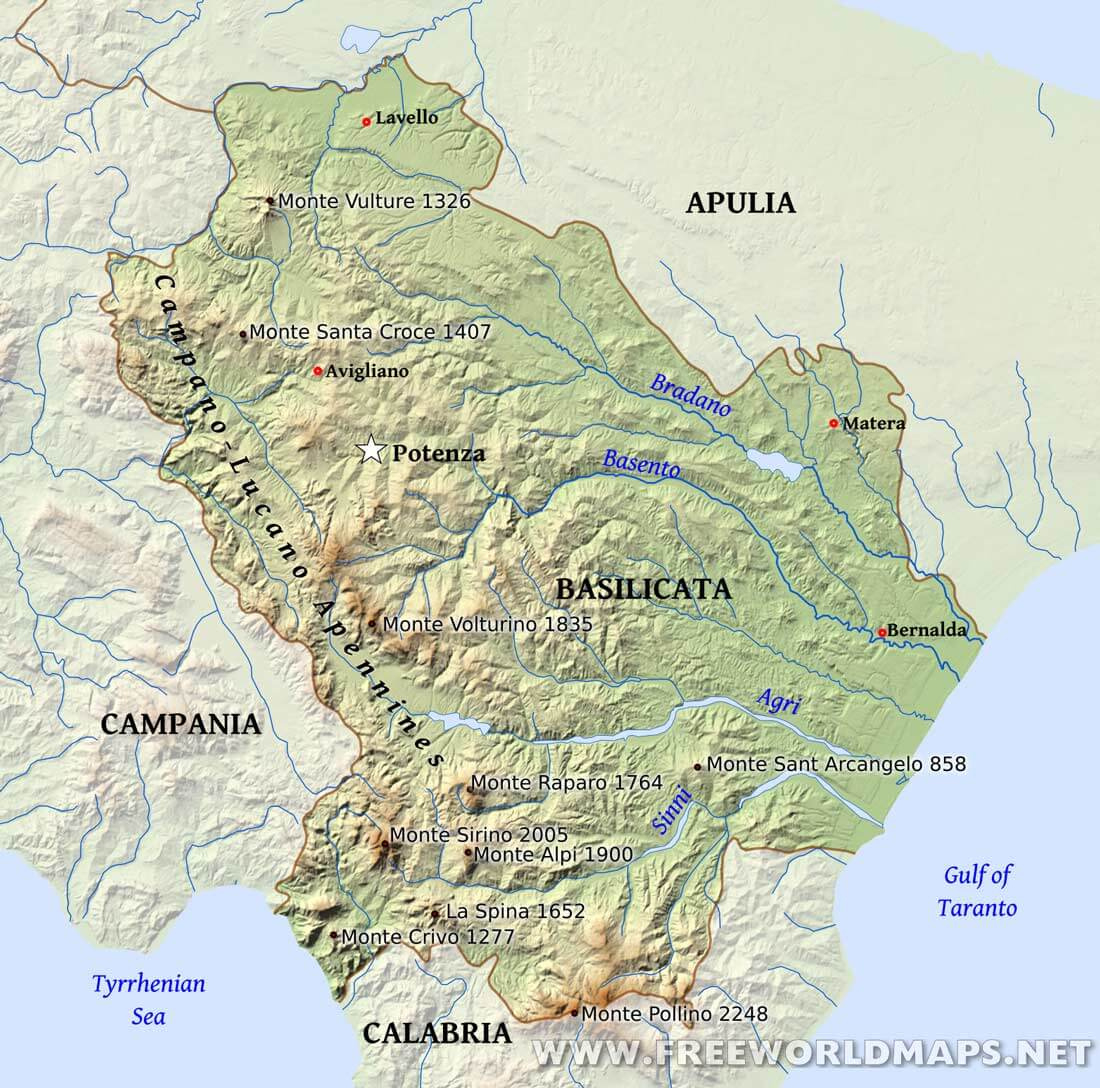 Basilicata Physical Map regarding Map Of Basilicata Region Italy