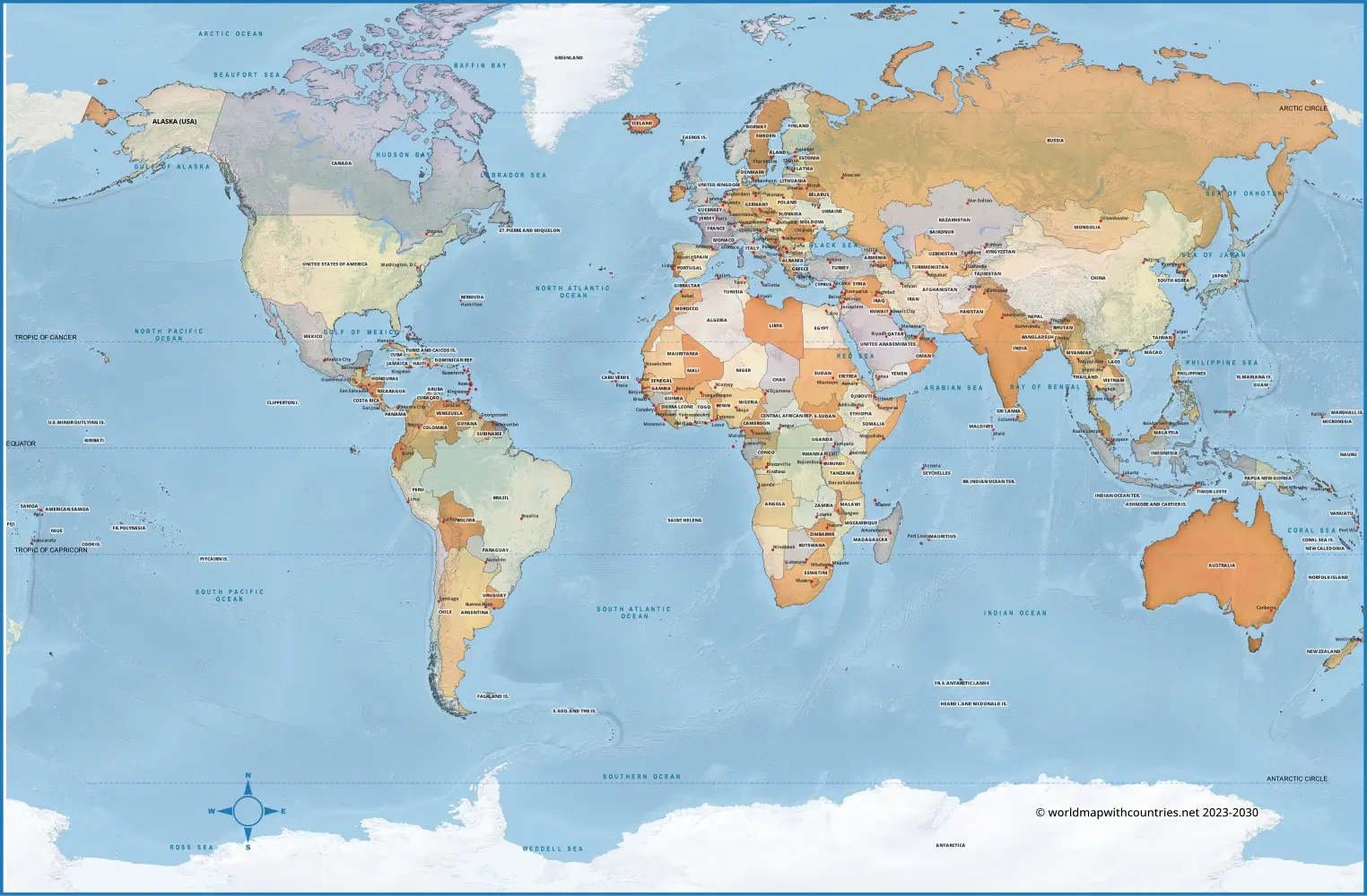 Blank Printable World Map With Countries &amp;amp; Capitals in Printable World Map with Cities