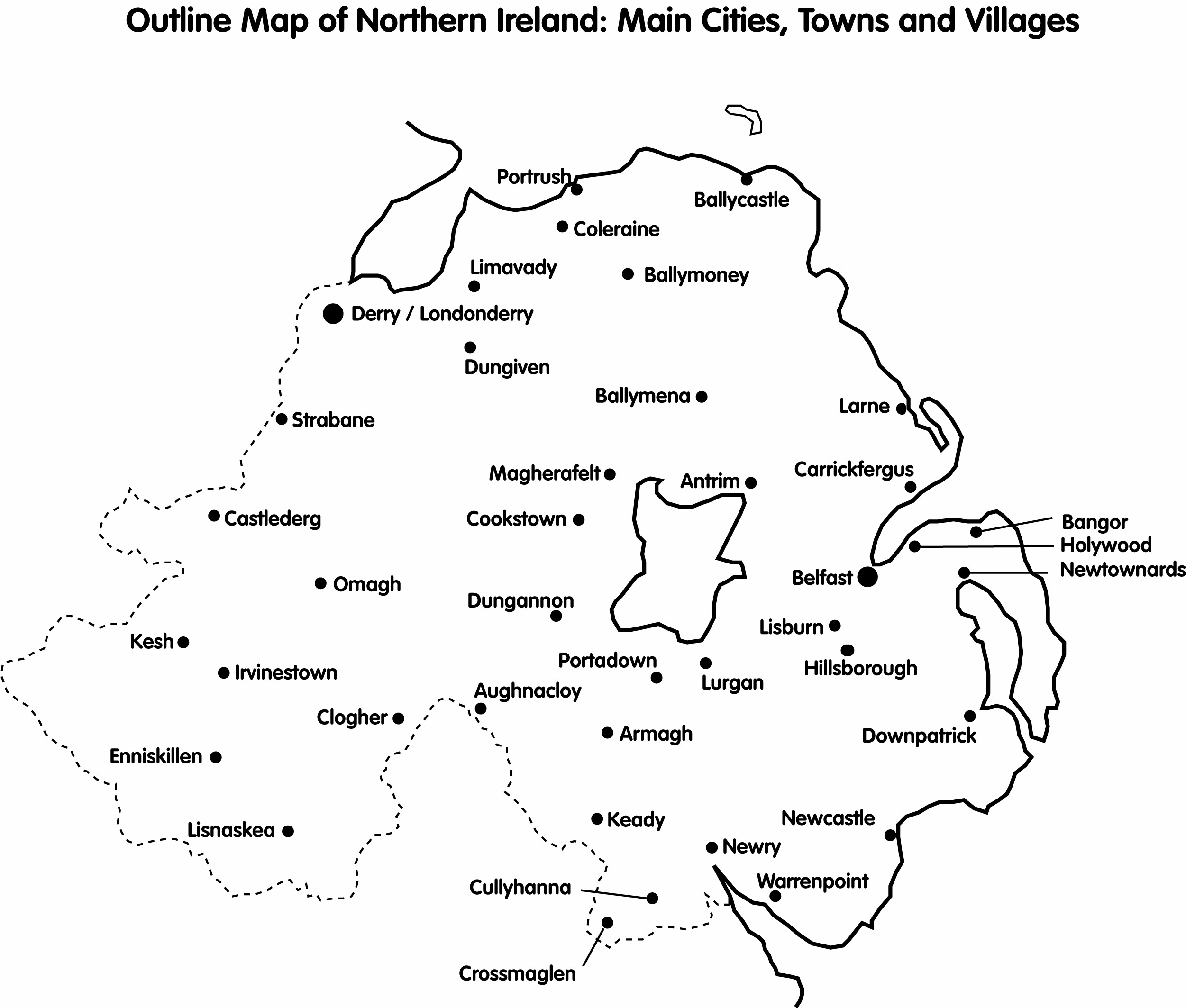 Cain: Maps: Outline Map Of Northern Ireland; Main Cities, Towns within Map of Holywood Northern Ireland