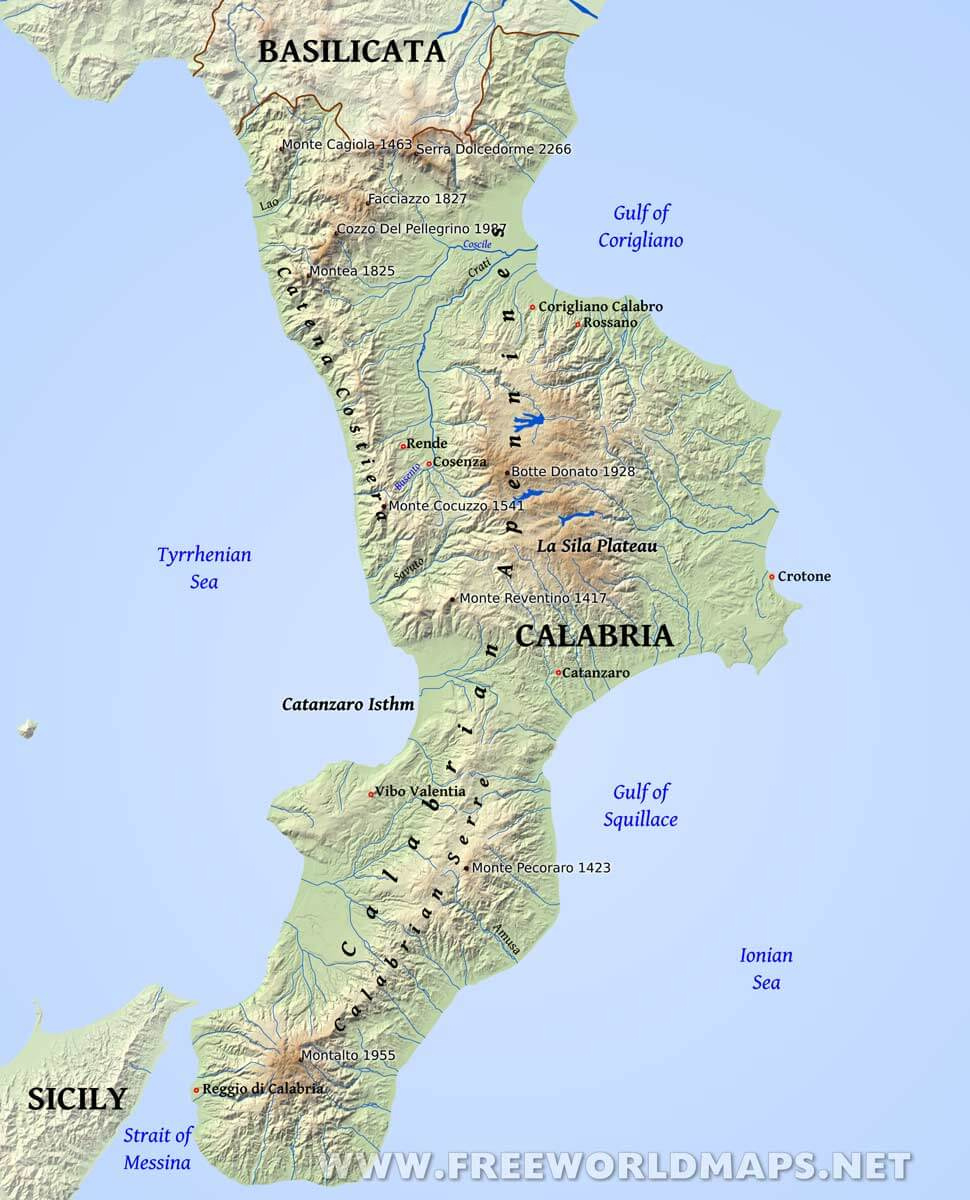 calabria physical map intended for map of calabria region italy Calabria Physical Map intended for Map of Calabria Region Italy