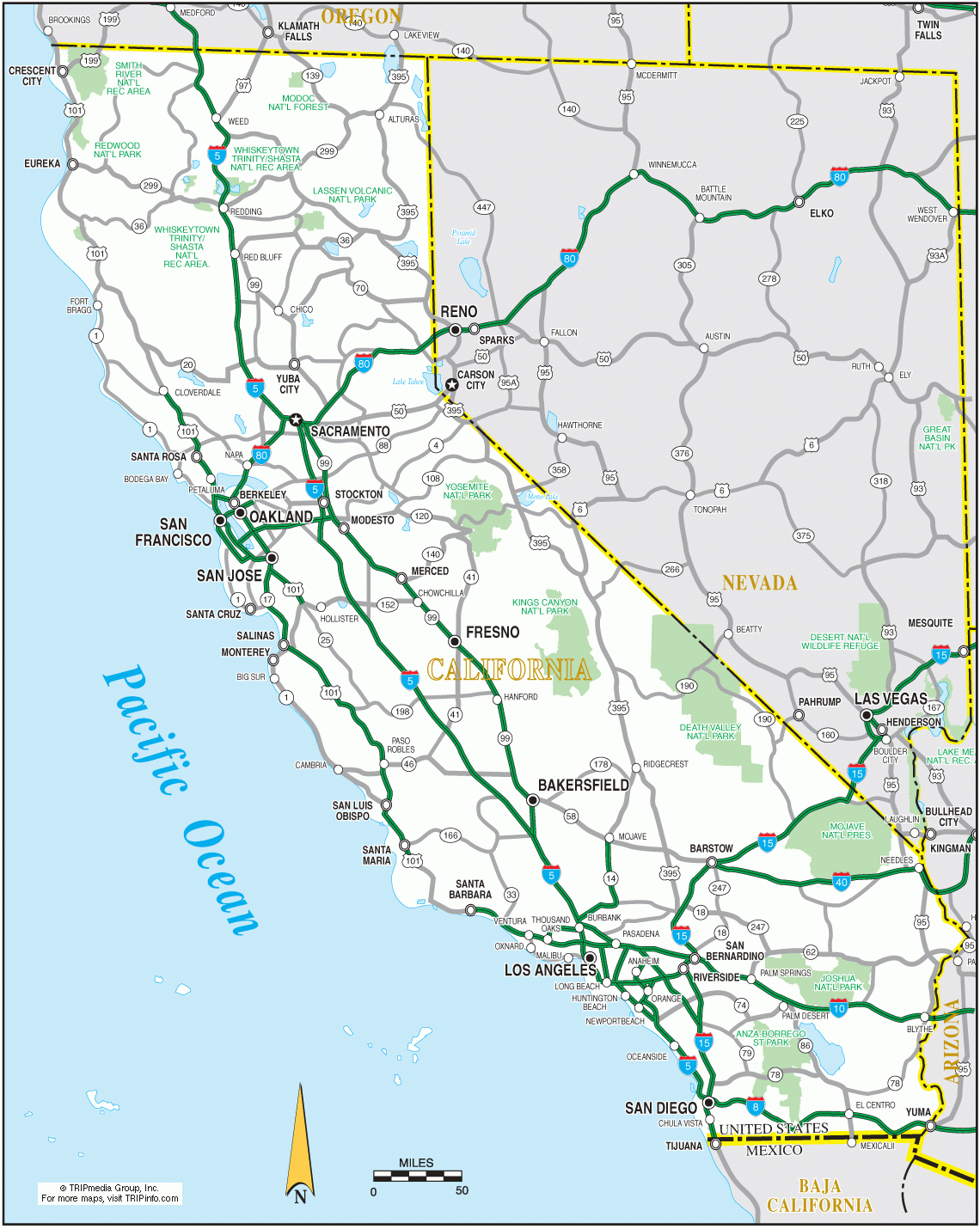 California Road Map inside Free Printable Road Map of California