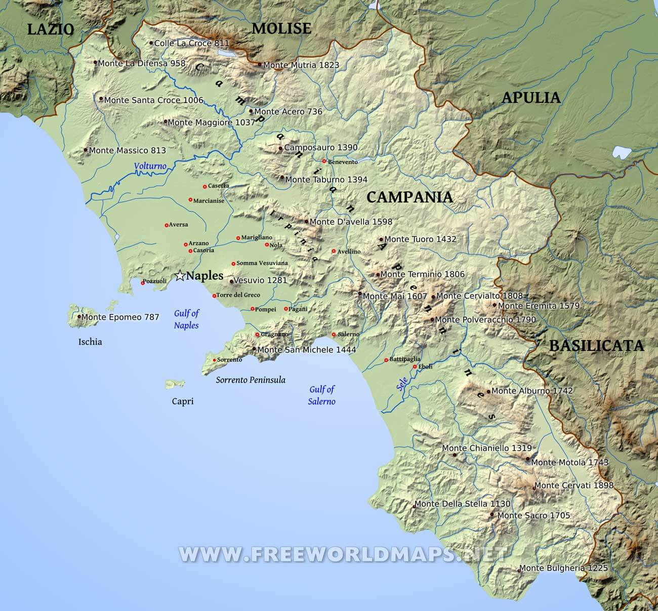 Campania Physical Map pertaining to Map of Campania Region Italy
