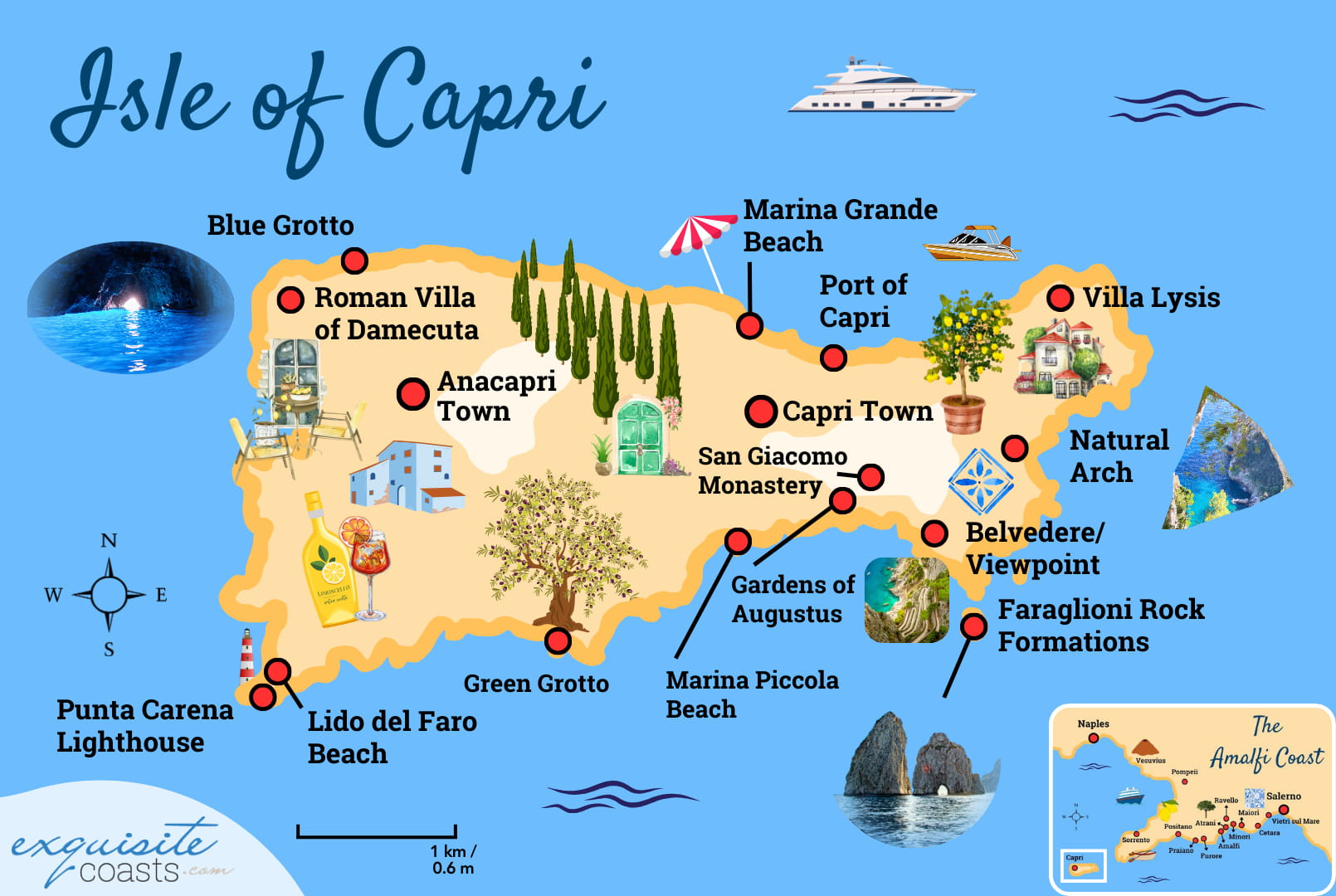 Capri Map Including The Best Places To Visit intended for Map of Italy Capri Amalfi Coast