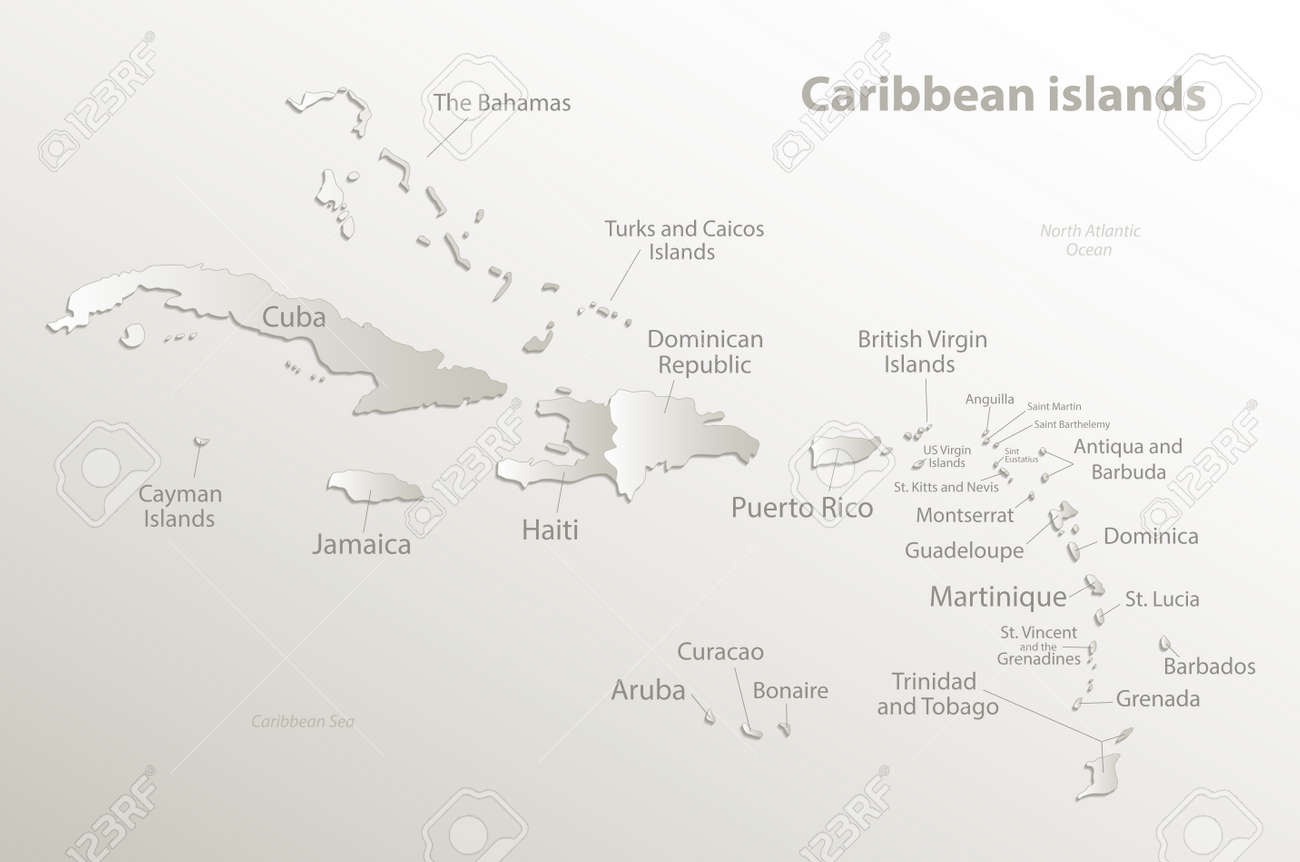 Caribbean Islands Map, Island With Names, Card Paper 3D Natural within Free Black and White Map of Caribbean Islands