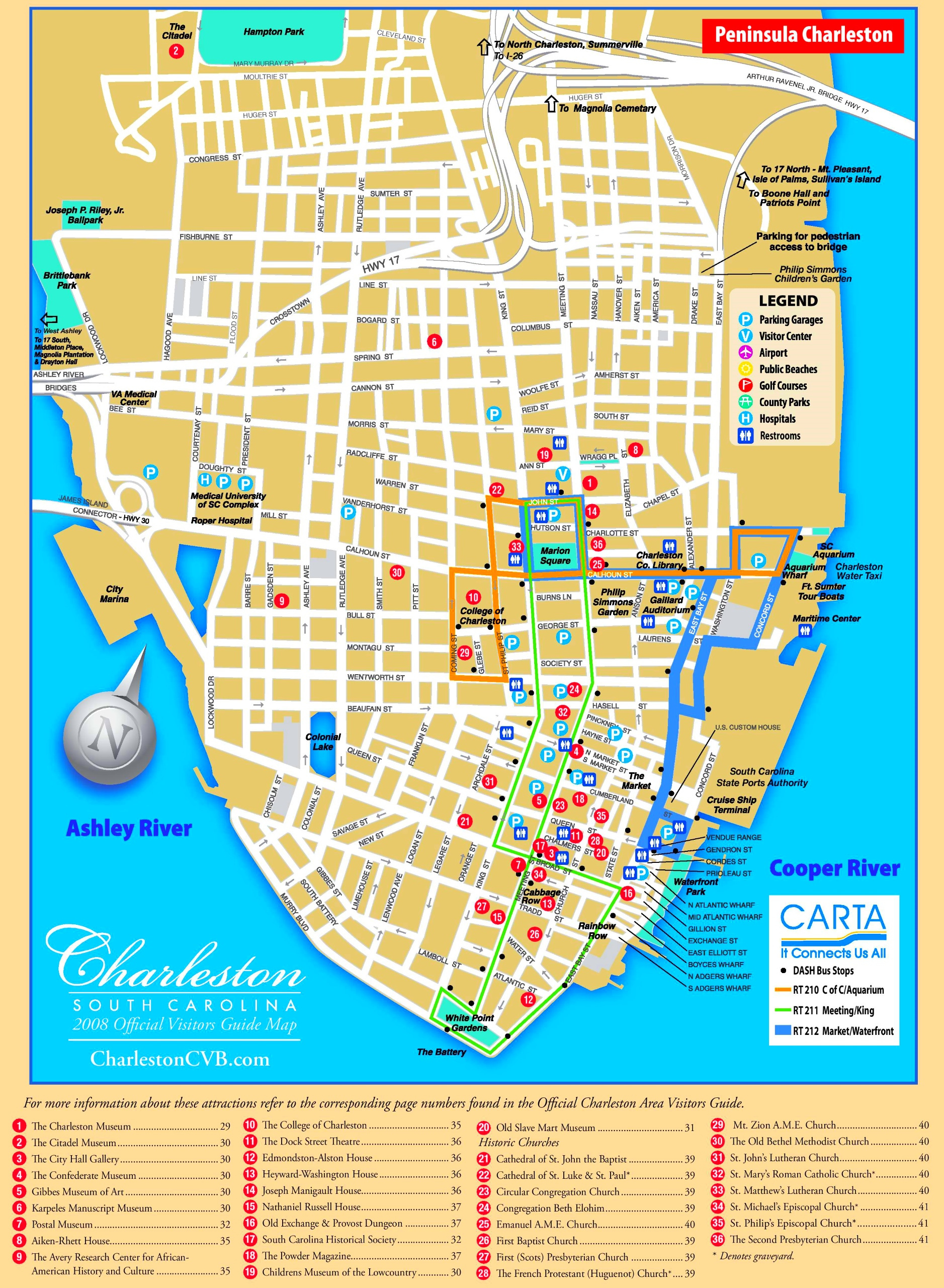 Charleston Tourist Map - Ontheworldmap within Tourist Printable Map Of Charleston Sc