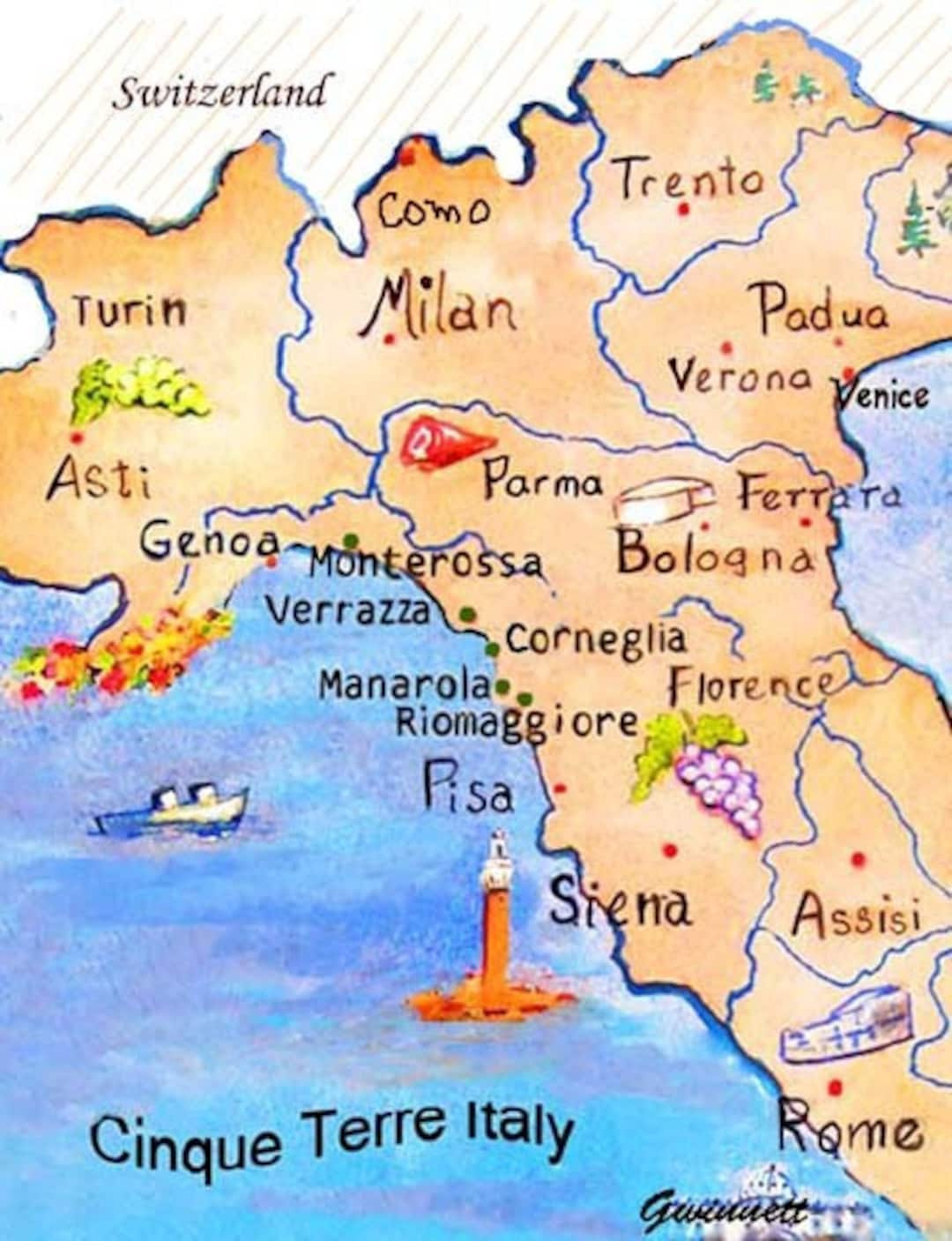 Cinque Terre Italy Map - Etsy Uk for Cinque Terre On Map Of Italy