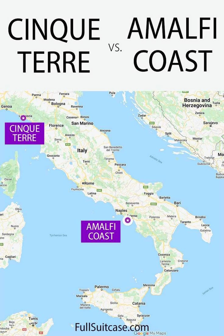 Cinque Terre Vs Amalfi Coast: Which One To Visit &amp;amp; Why (+Map, Info inside Map of Southern Italy Amalfi Coast