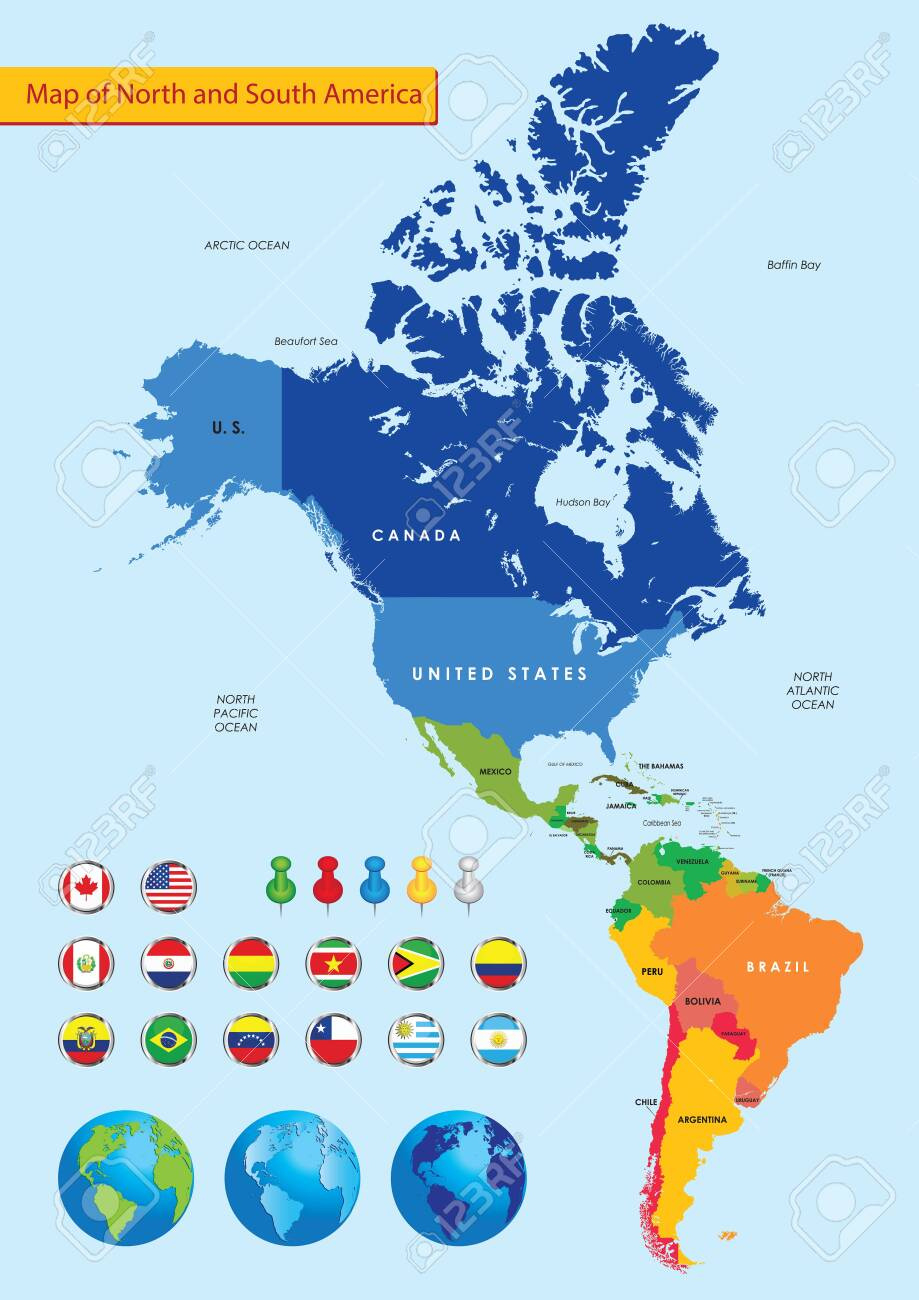 Color Political Map Of North And South America And Country Flag within Map of North and South America with Countries Labeled