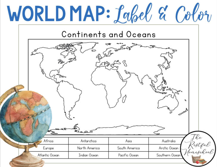 Map of Continents and Oceans Printable