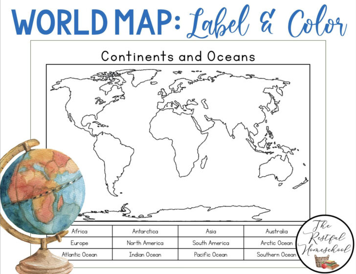 World Map Oceans and Continents Printable