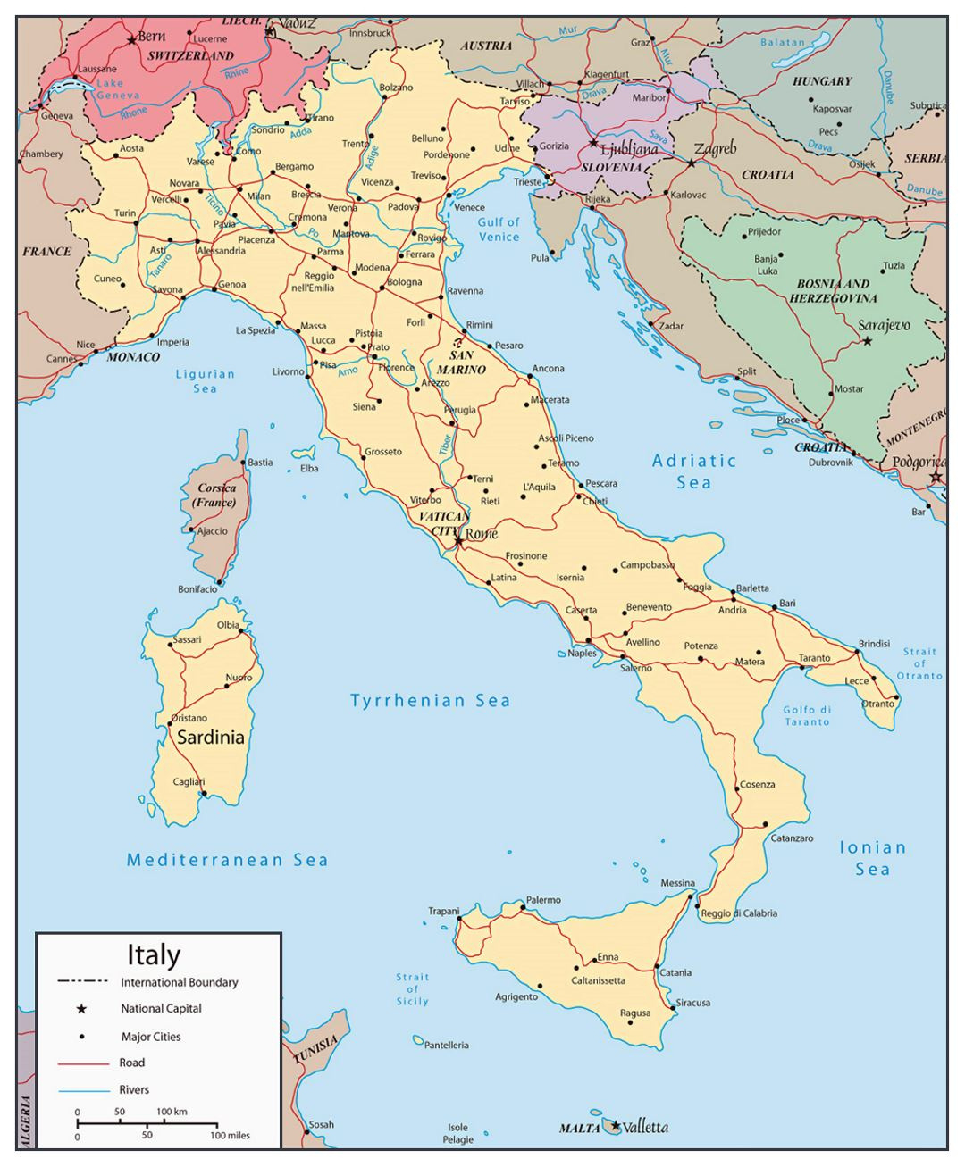 Detailed Political Map Of Italy With Roads, Rivers And Major in Map of Italy with Rivers